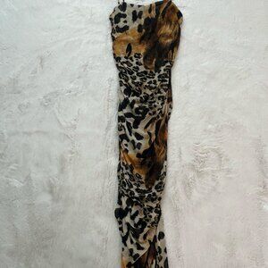 Womens Bodycon Maxi Dress Leopard Animal Print Spahetti Straps Lined Brown Black